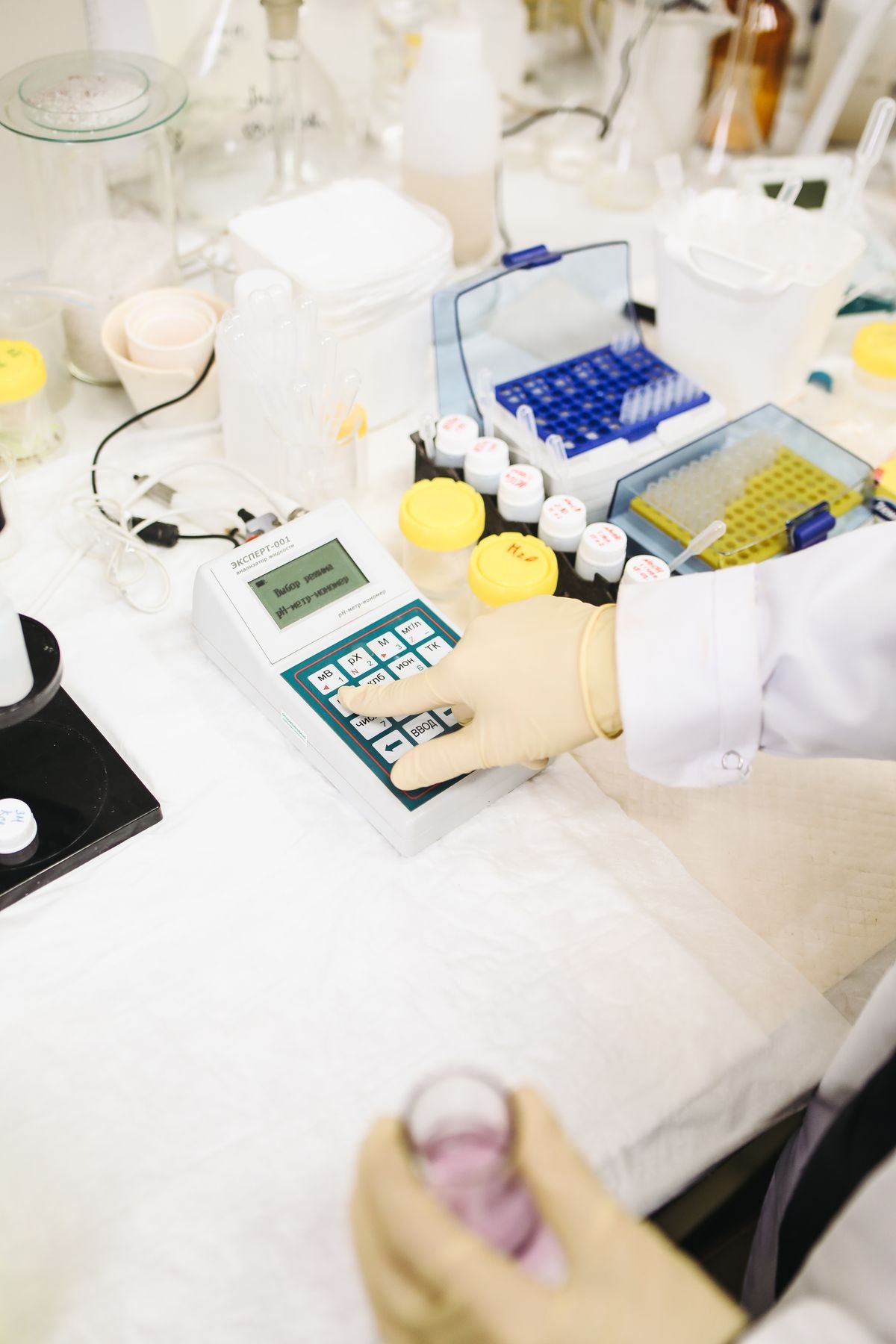 Laboratory technician following quality-controlled calibration procedure